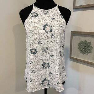 RW&CO. Black & White Floral/Polka Dot Racerback Blouse With Keyhole EUC